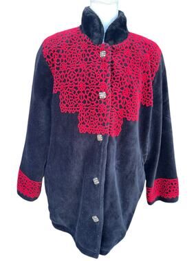 Coldwater Creek Women's Medium Vintage Fleeced Casual Jacket Holiday Black/Red